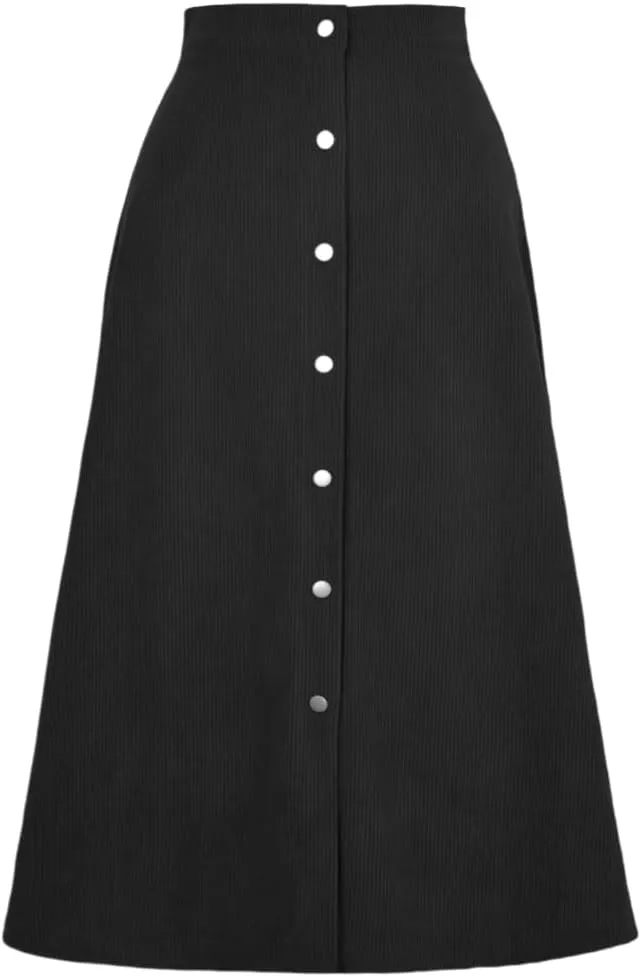 Women's High Waisted Corduroy A-Line Midi Skirt with Front Buttons