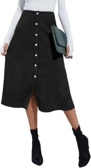 Women's High Waisted Corduroy A-Line Midi Skirt with Front Buttons