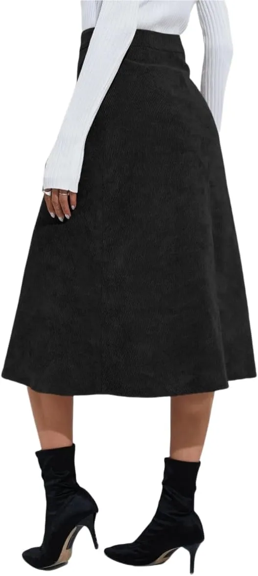Women's High Waisted Corduroy A-Line Midi Skirt with Front Buttons