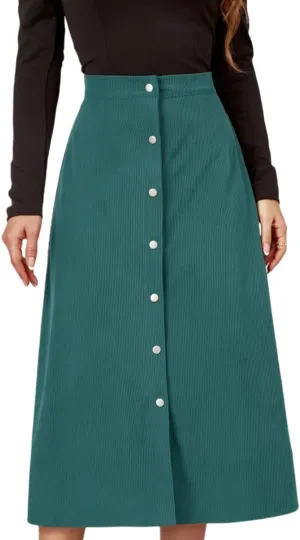Women's High Waisted Corduroy A-Line Midi Skirt with Front Buttons