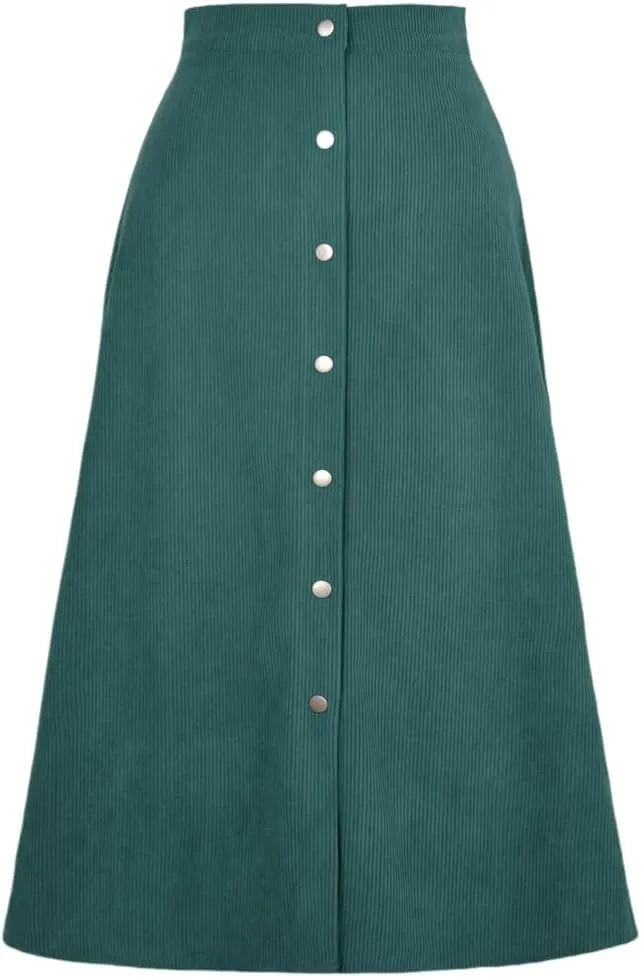 Women's High Waisted Corduroy A-Line Midi Skirt with Front Buttons