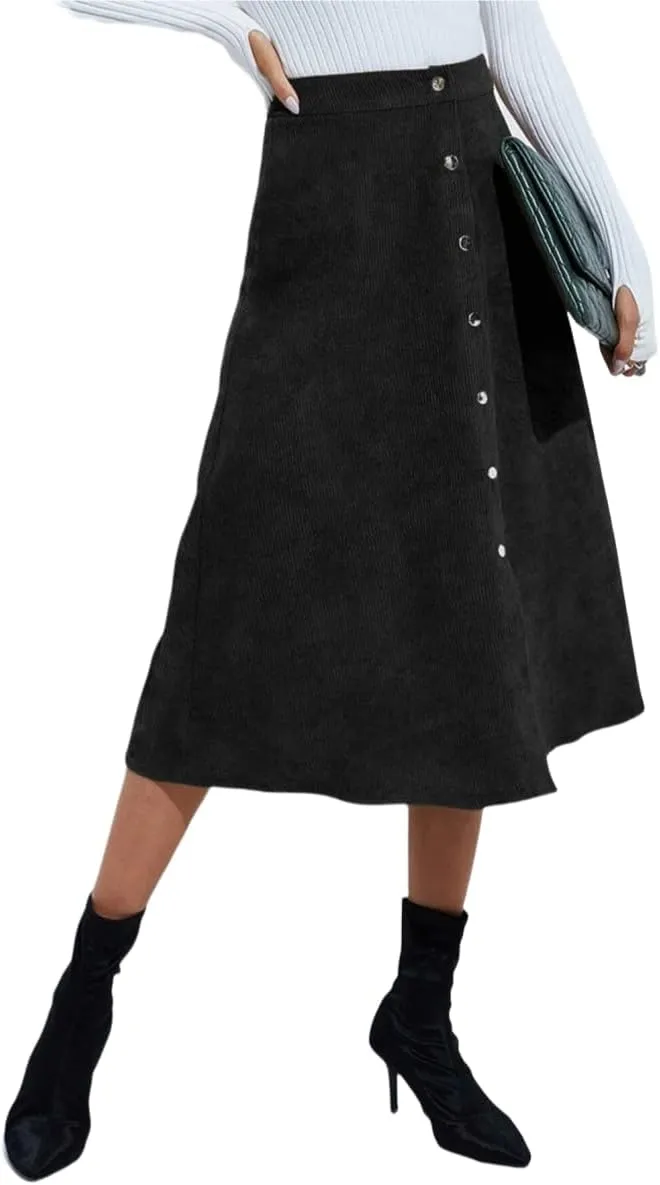 Women's High Waisted Corduroy A-Line Midi Skirt with Front Buttons