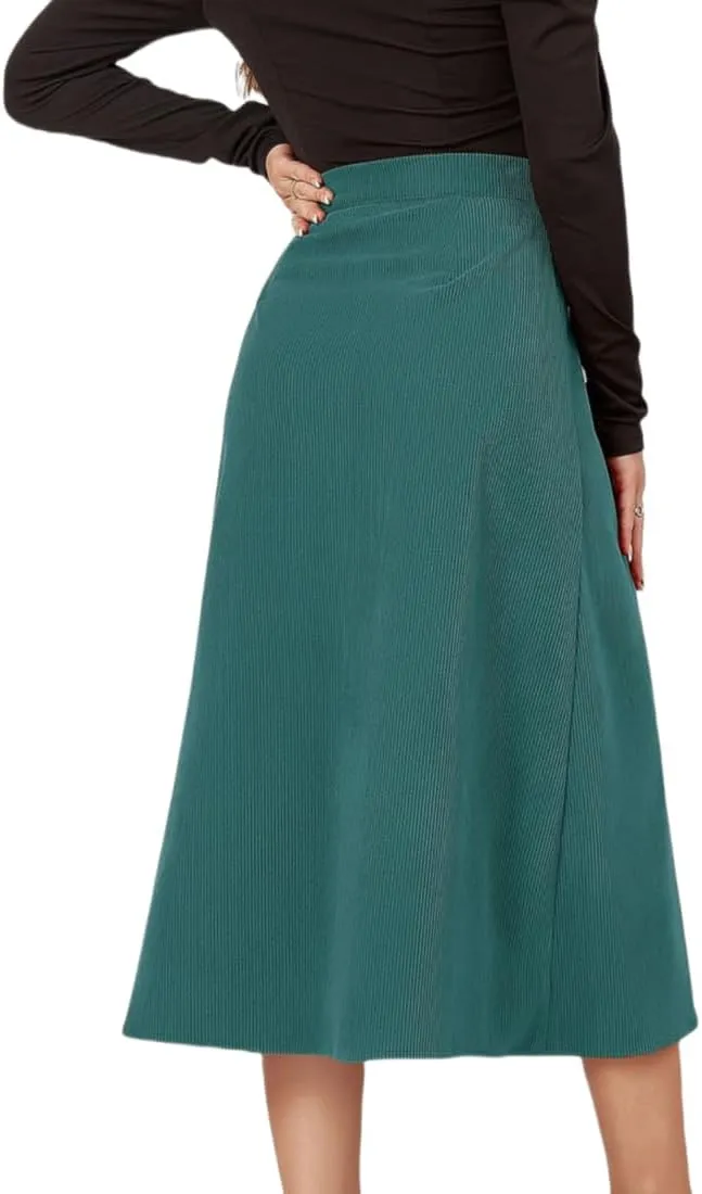 Women's High Waisted Corduroy A-Line Midi Skirt with Front Buttons