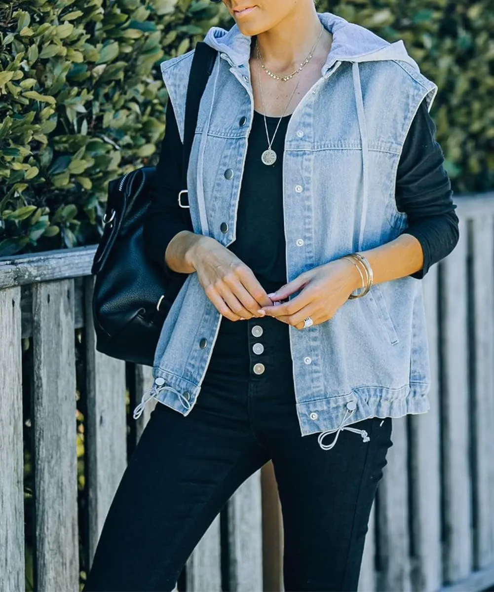 Women's Hoodie Denim Vest Slim Fit Drawstring Sleeveless Hooded Waistcoat Distressed Jean Jacket