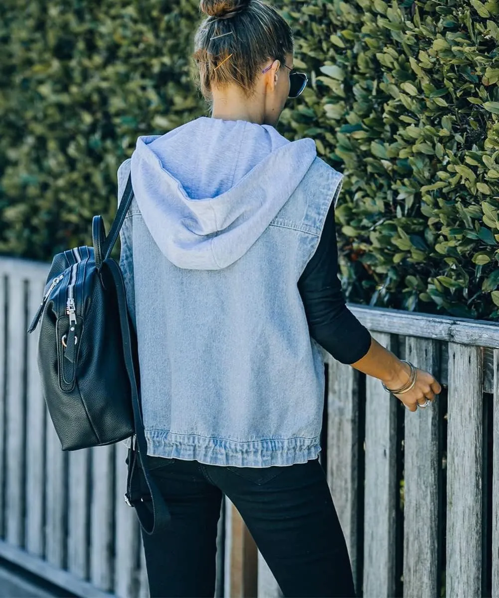 Women's Hoodie Denim Vest Slim Fit Drawstring Sleeveless Hooded Waistcoat Distressed Jean Jacket
