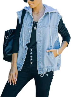 Women's Hoodie Denim Vest Slim Fit Drawstring Sleeveless Hooded Waistcoat Distressed Jean Jacket