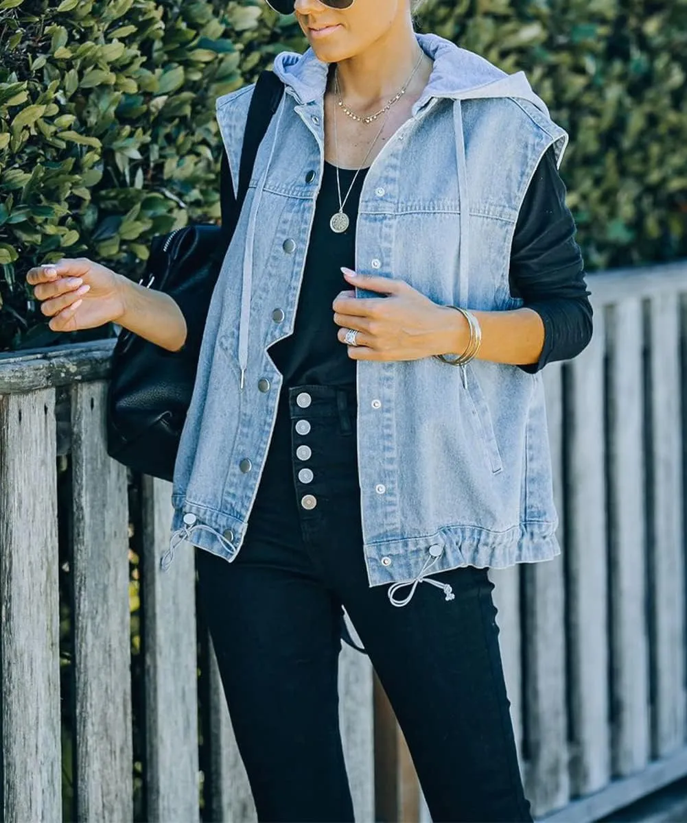 Women's Hoodie Denim Vest Slim Fit Drawstring Sleeveless Hooded Waistcoat Distressed Jean Jacket