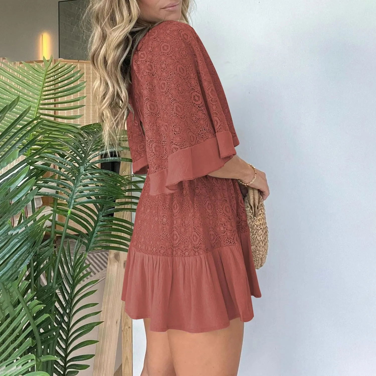 Women's Lace Crochet Dress Summer Retro V Neck Batwing Sleeve Mini Dresses Casual Sexy Wrap Boho Beach Sundress