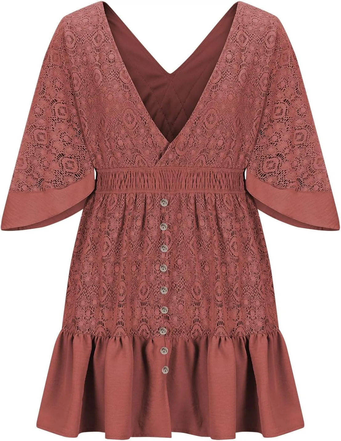 Women's Lace Crochet Dress Summer Retro V Neck Batwing Sleeve Mini Dresses Casual Sexy Wrap Boho Beach Sundress