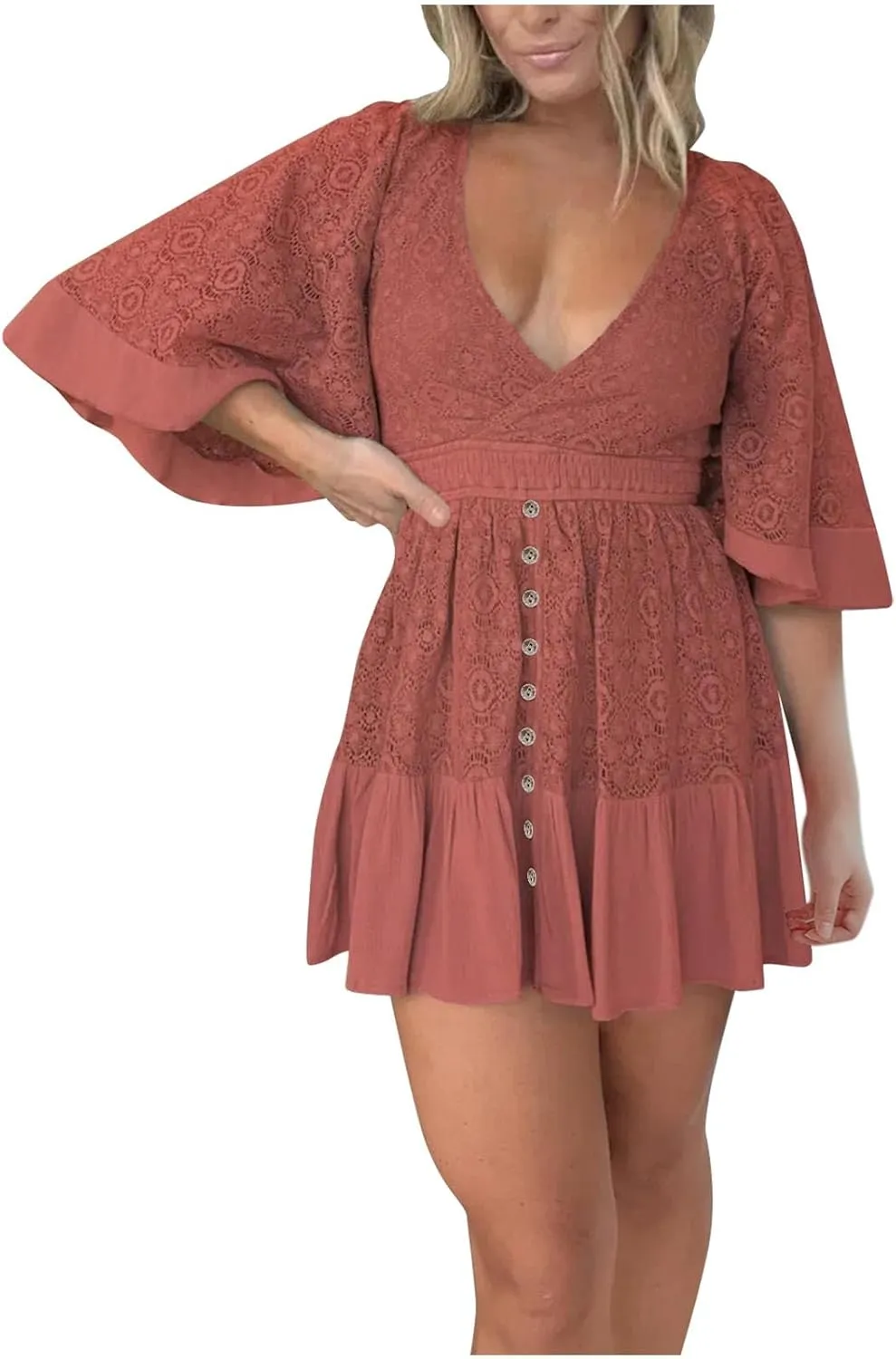 Women's Lace Crochet Dress Summer Retro V Neck Batwing Sleeve Mini Dresses Casual Sexy Wrap Boho Beach Sundress