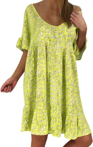 Women's Ladies Sexy Loose Print Hlaf Sleeve Ruffles Mini Dress Summer Dress Womens Casual Maxi Dresses