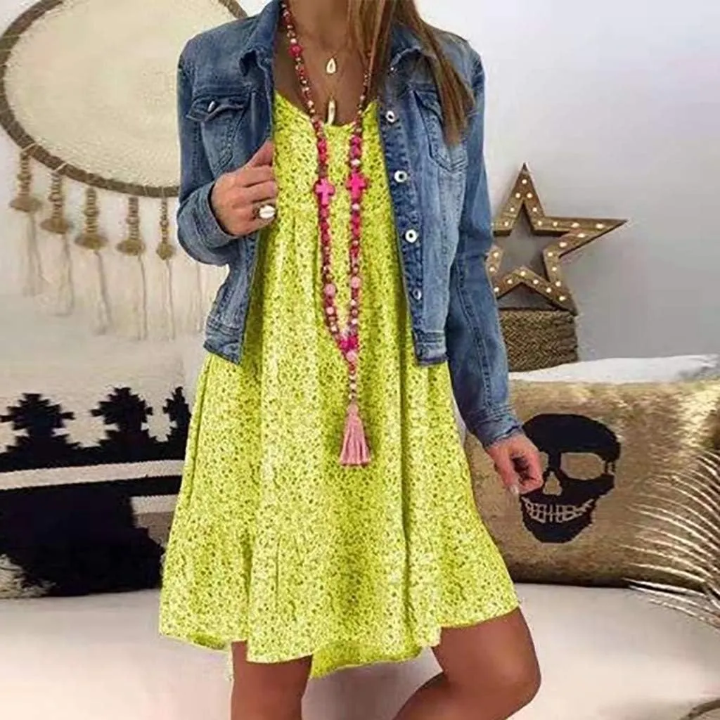 Women's Ladies Sexy Loose Print Hlaf Sleeve Ruffles Mini Dress Summer Dress Womens Casual Maxi Dresses