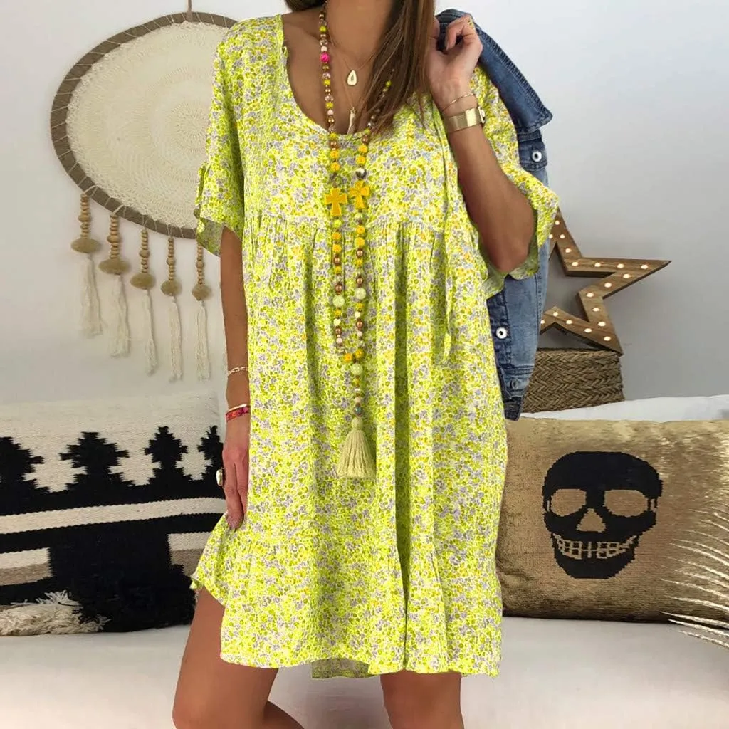 Women's Ladies Sexy Loose Print Hlaf Sleeve Ruffles Mini Dress Summer Dress Womens Casual Maxi Dresses