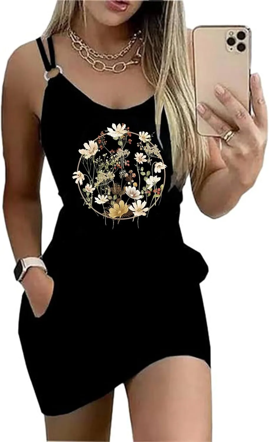 Women's Live Simple Coconut Tree Color Block Mini Dress Spaghetti Strap Halter Strap Sleeveless Mini Dress with Pockets