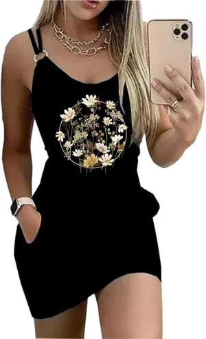 Women's Live Simple Coconut Tree Color Block Mini Dress Spaghetti Strap Halter Strap Sleeveless Mini Dress with Pockets
