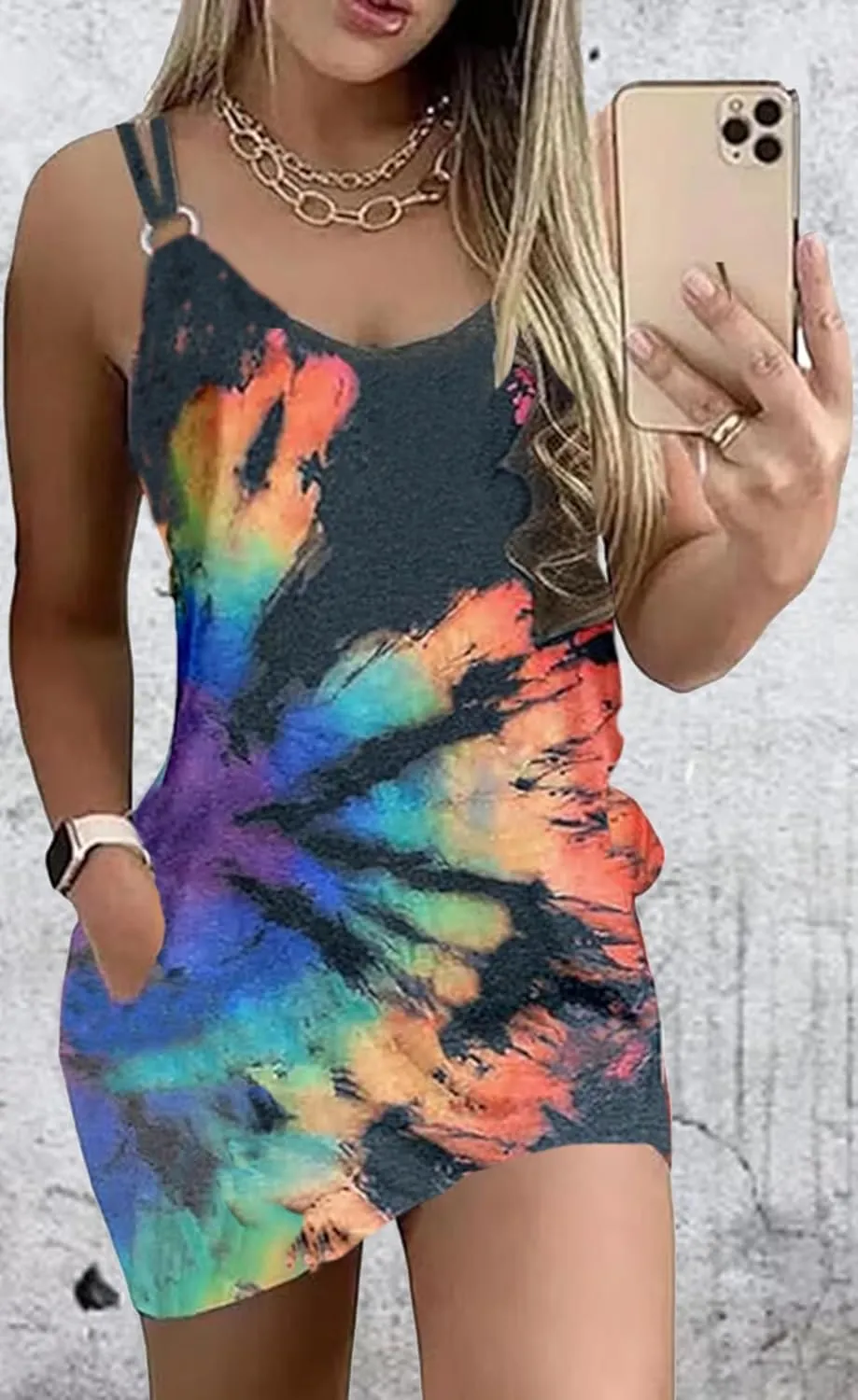 Women's Live Simple Coconut Tree Color Block Mini Dress Spaghetti Strap Halter Strap Sleeveless Mini Dress with Pockets