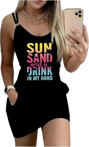 Women's Live Simple Coconut Tree Color Block Mini Dress Spaghetti Strap Halter Strap Sleeveless Mini Dress with Pockets