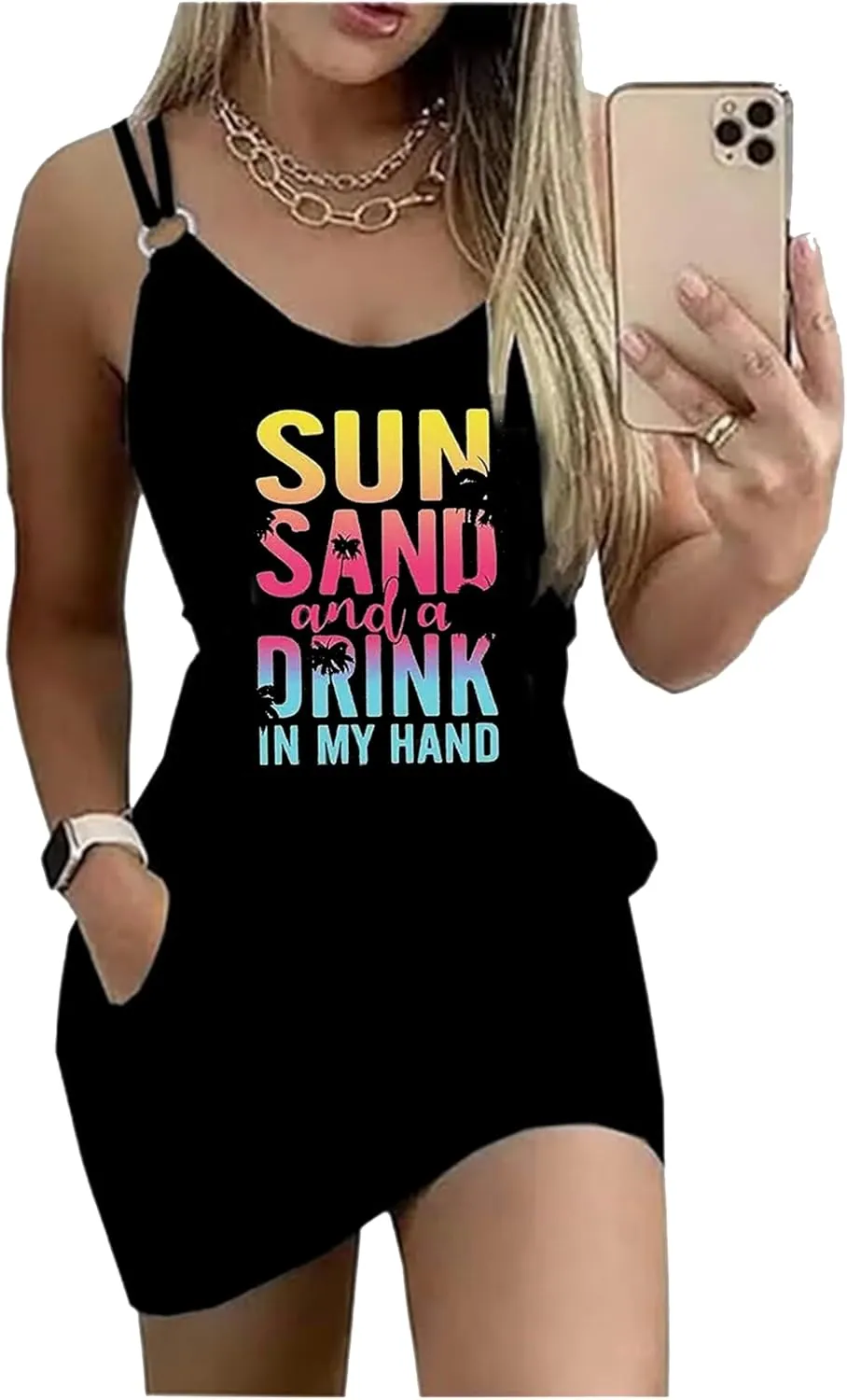 Women's Live Simple Coconut Tree Color Block Mini Dress Spaghetti Strap Halter Strap Sleeveless Mini Dress with Pockets