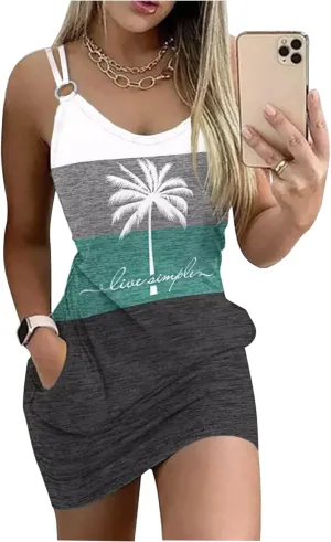 Women's Live Simple Coconut Tree Color Block Mini Dress Spaghetti Strap Halter Strap Sleeveless Mini Dress with Pockets