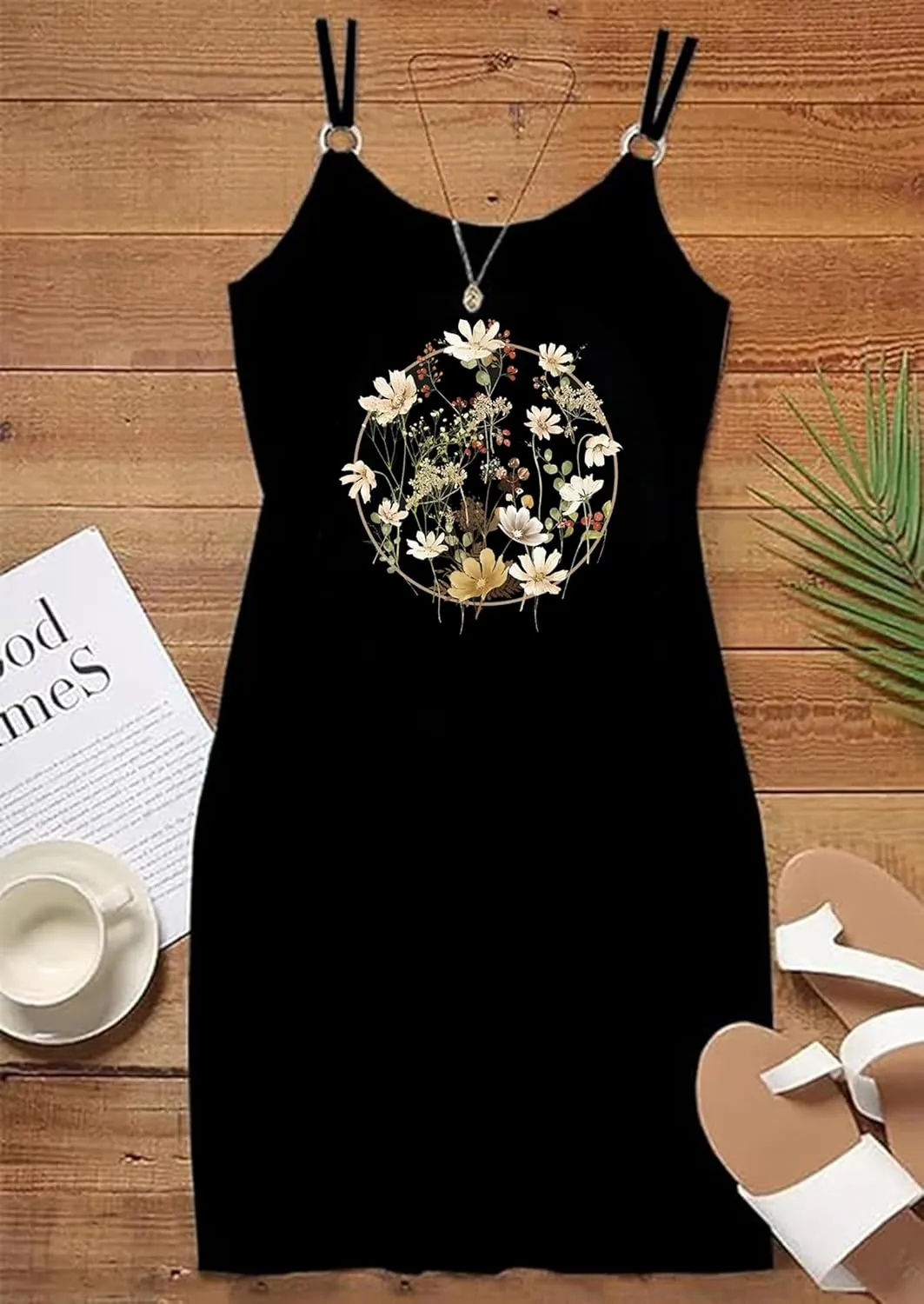 Women's Live Simple Coconut Tree Color Block Mini Dress Spaghetti Strap Halter Strap Sleeveless Mini Dress with Pockets