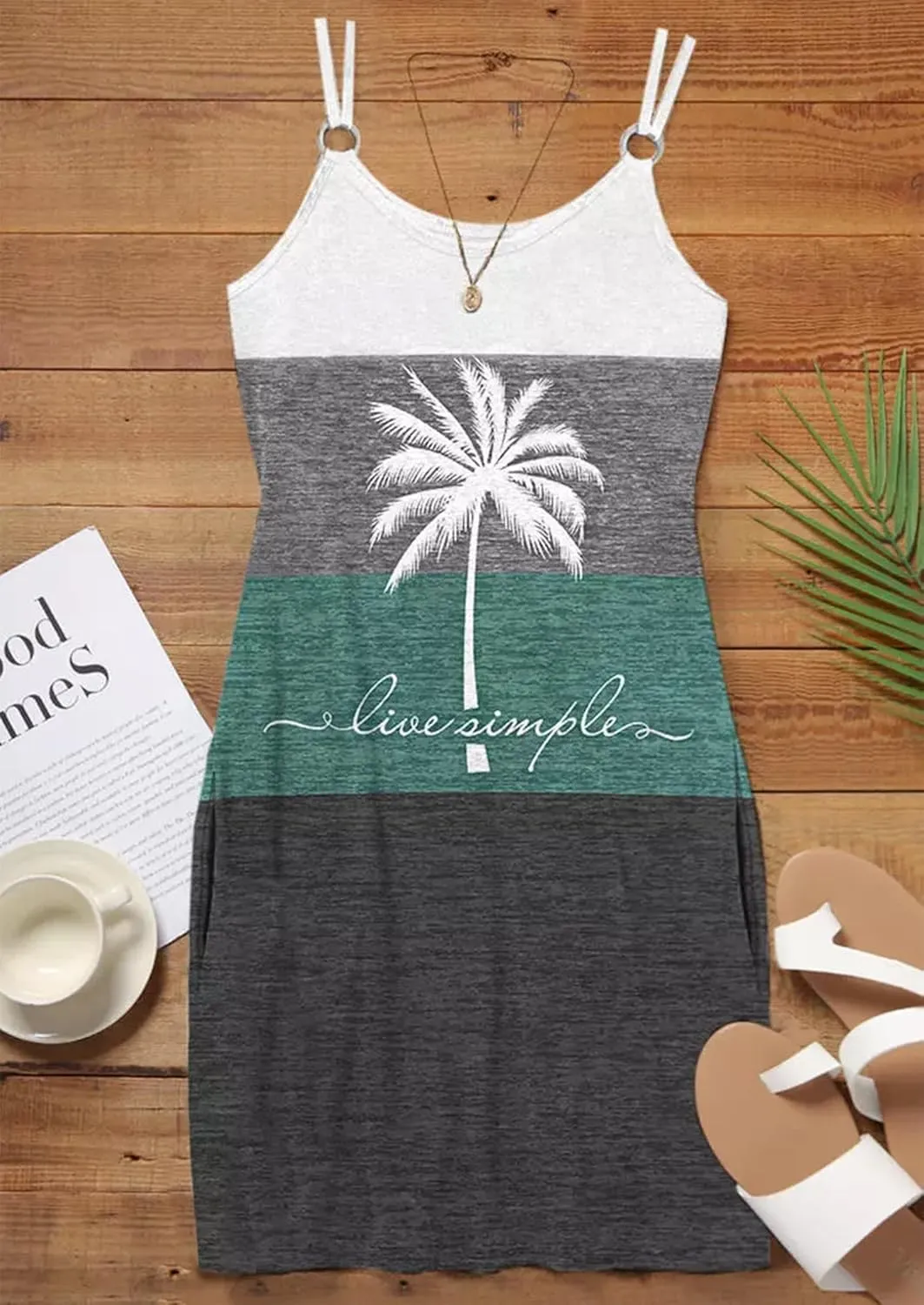 Women's Live Simple Coconut Tree Color Block Mini Dress Spaghetti Strap Halter Strap Sleeveless Mini Dress with Pockets