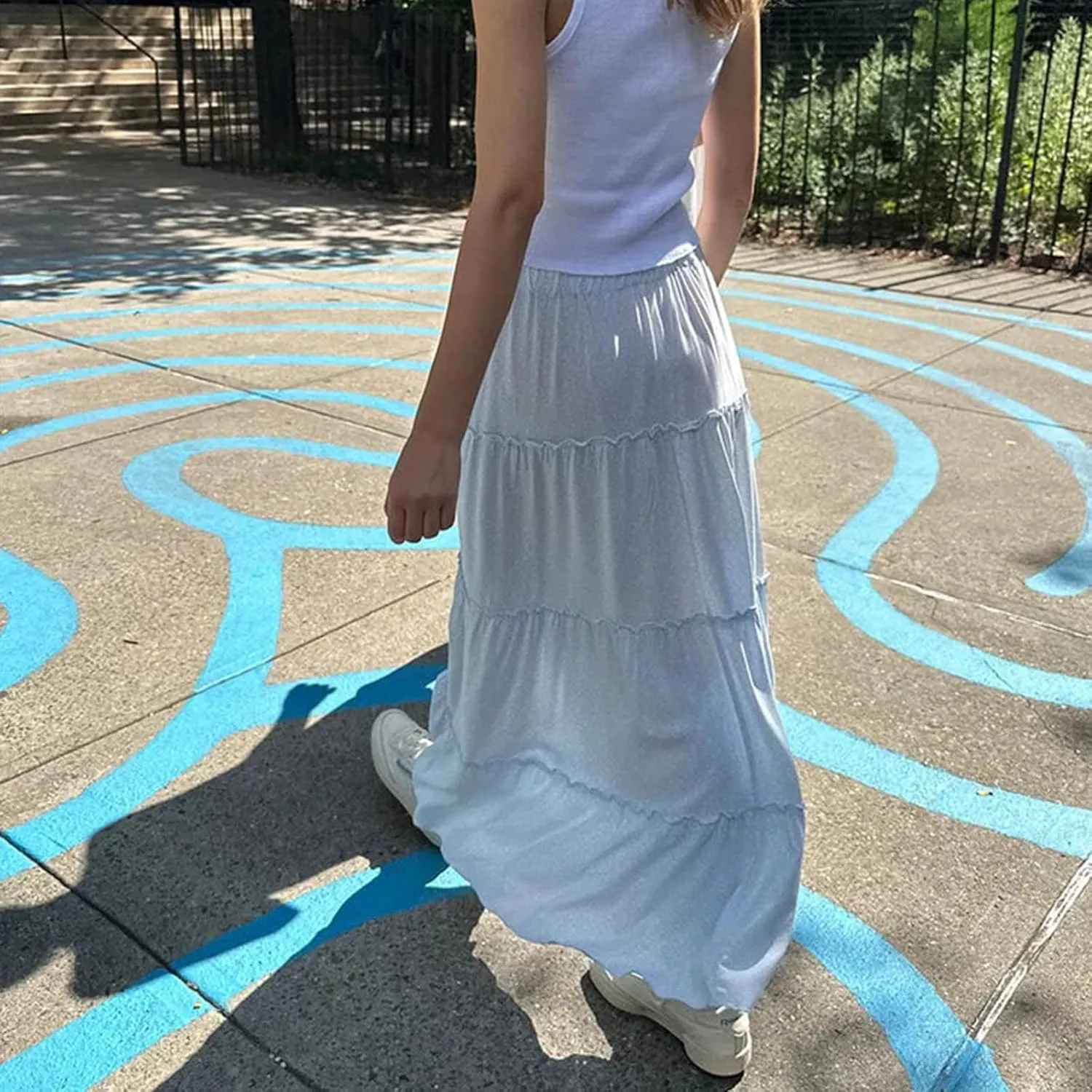 Women's Long Maxi Skirts Elastic High Waist Tiered Flowy Long Skirt Pleated Swing A-Line Maxi Summer Beach Skirt