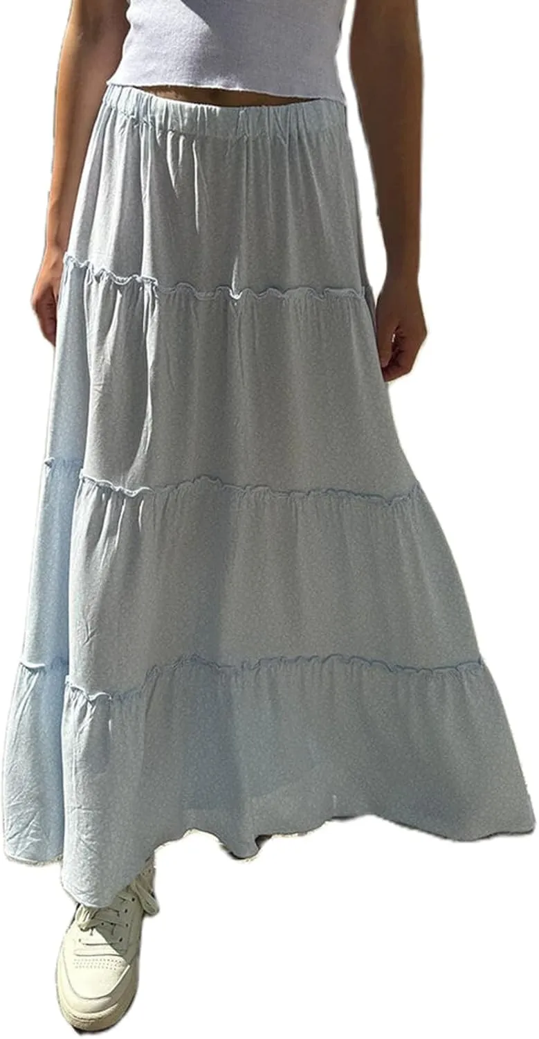 Women's Long Maxi Skirts Elastic High Waist Tiered Flowy Long Skirt Pleated Swing A-Line Maxi Summer Beach Skirt