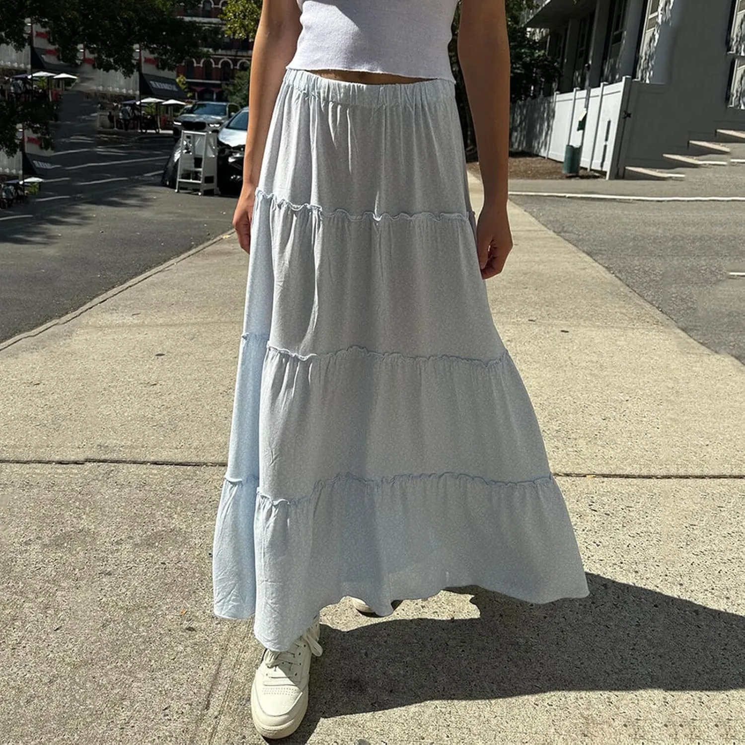 Women's Long Maxi Skirts Elastic High Waist Tiered Flowy Long Skirt Pleated Swing A-Line Maxi Summer Beach Skirt