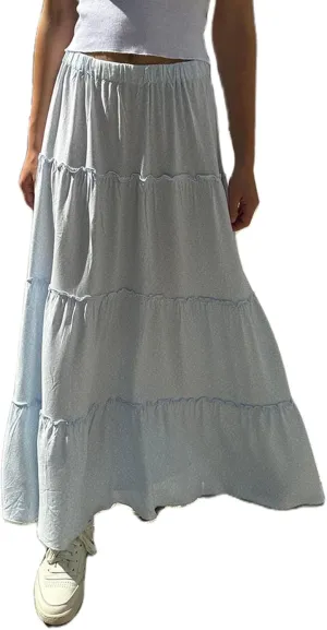 Women's Long Maxi Skirts Elastic High Waist Tiered Flowy Long Skirt Pleated Swing A-Line Maxi Summer Beach Skirt