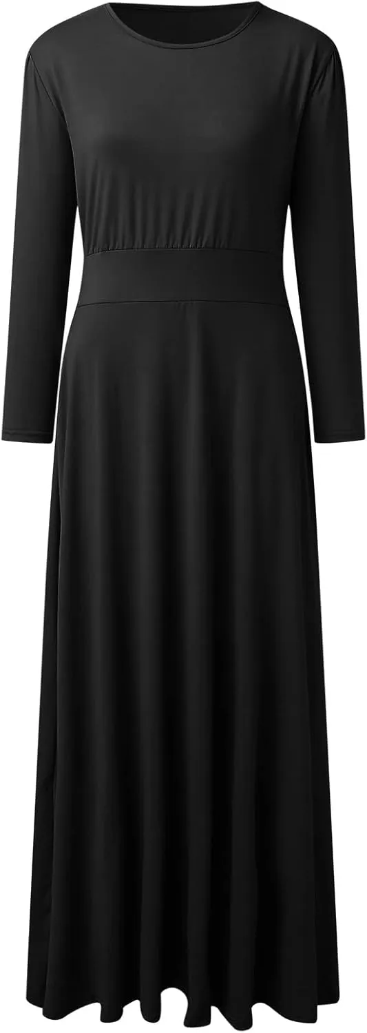 Womens Long Sleeve Maxi Wedding Guest Dresses for Fall Casual Crewneck Tunic Dress Long High Waist Halloween Dress