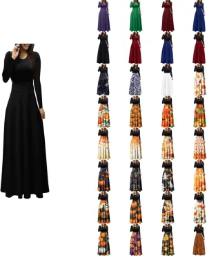 Womens Long Sleeve Maxi Wedding Guest Dresses for Fall Casual Crewneck Tunic Dress Long High Waist Halloween Dress
