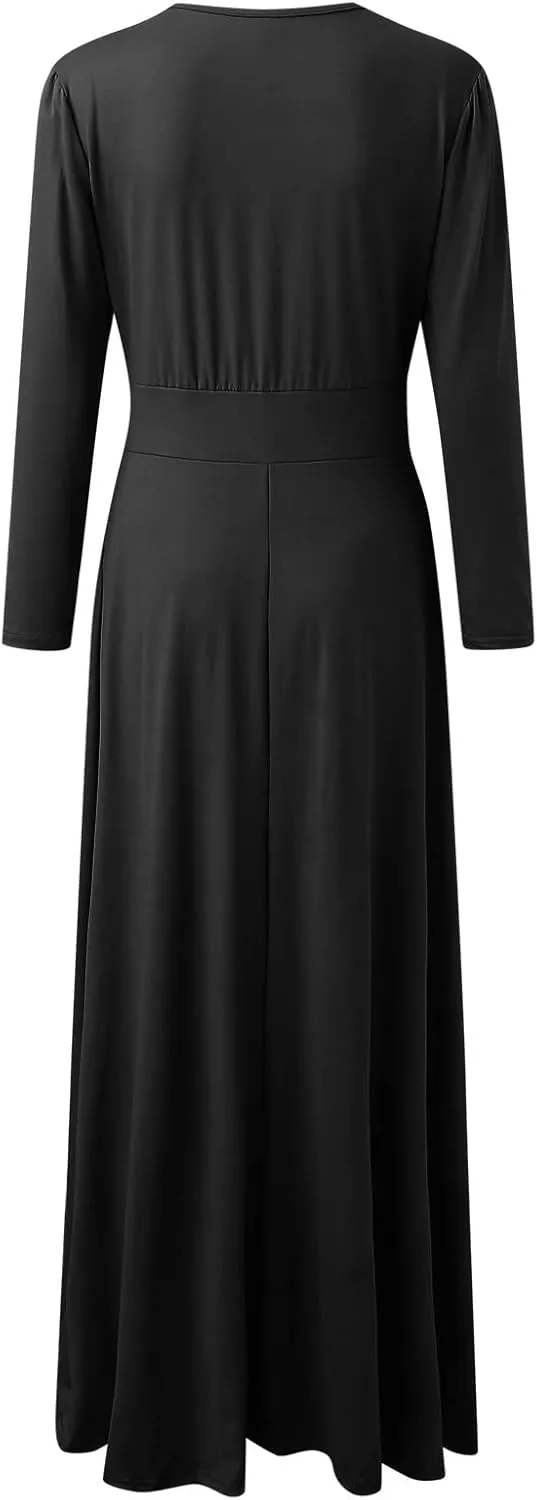 Womens Long Sleeve Maxi Wedding Guest Dresses for Fall Casual Crewneck Tunic Dress Long High Waist Halloween Dress