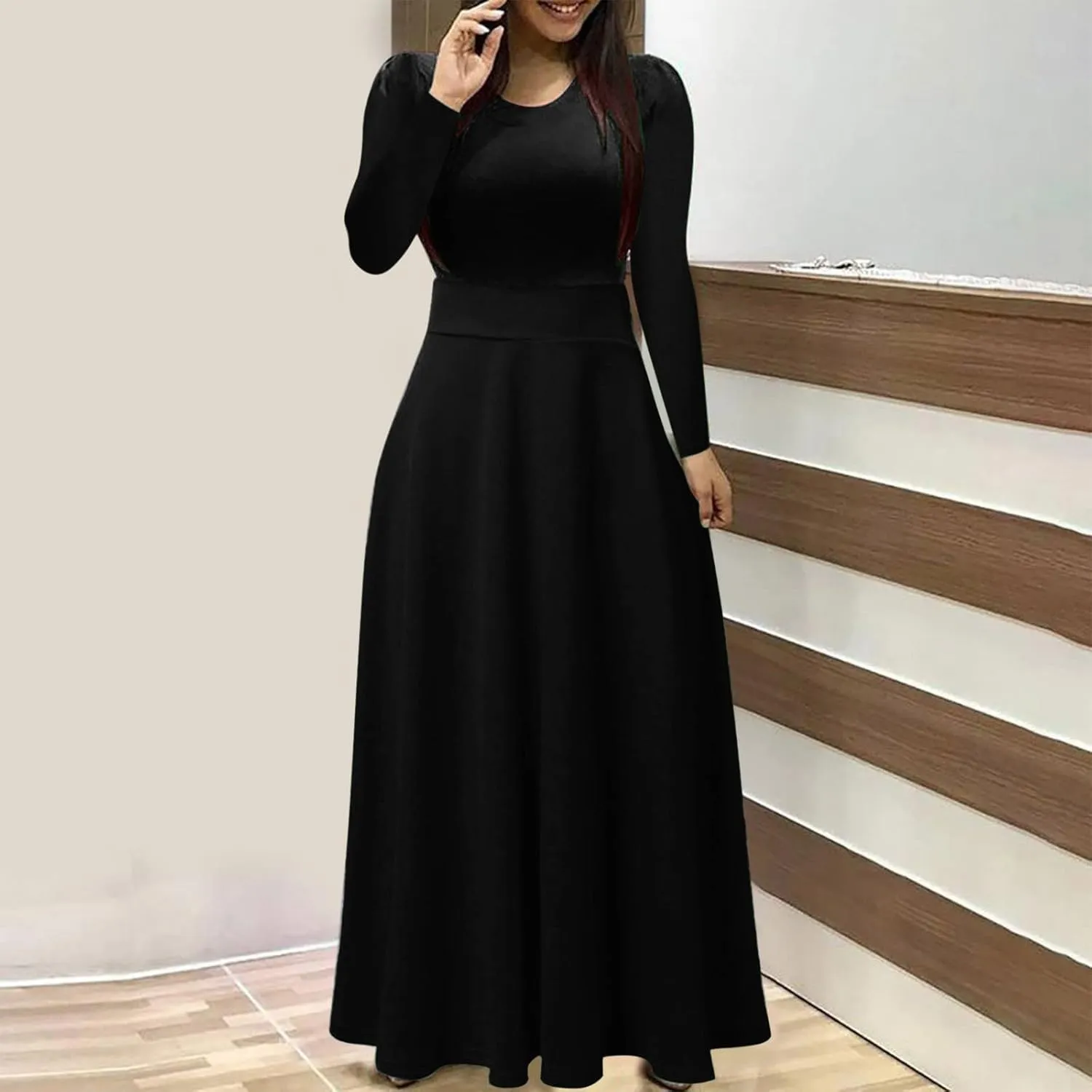 Womens Long Sleeve Maxi Wedding Guest Dresses for Fall Casual Crewneck Tunic Dress Long High Waist Halloween Dress