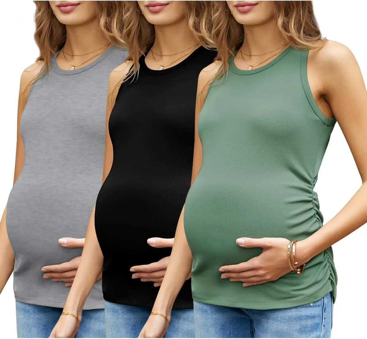 Women's Maternity Tank Tops Summer Sleeveless Crew Neck Ribbed Knit Slim Fitted Blouse Side Ruched Pregnancy Shirts