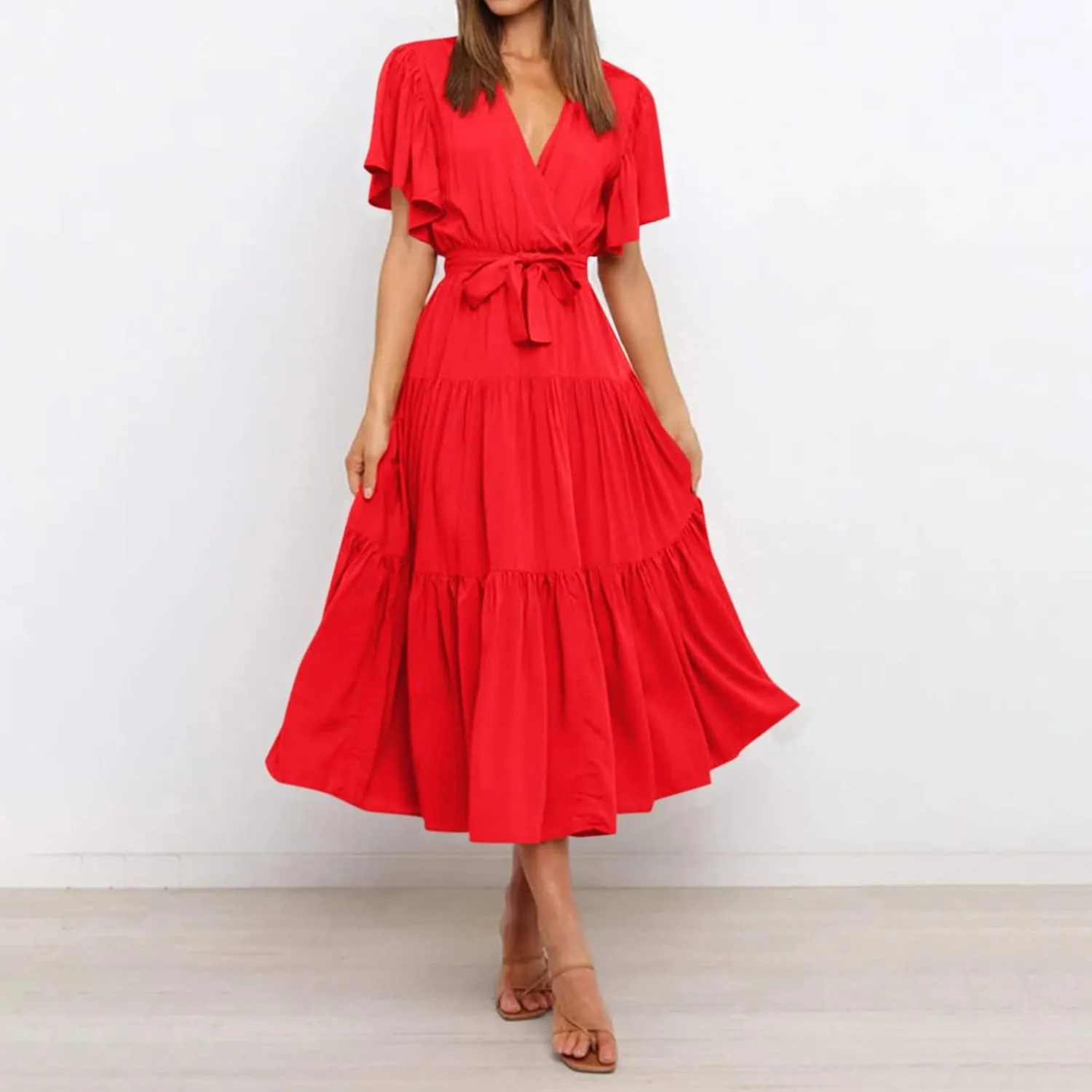 Women's Maxi Dress Summer Casual Loose Solid Color Dress 2024 Swing Waist V-Neck Short Sleeve Maxi Dresses, S-2XL
