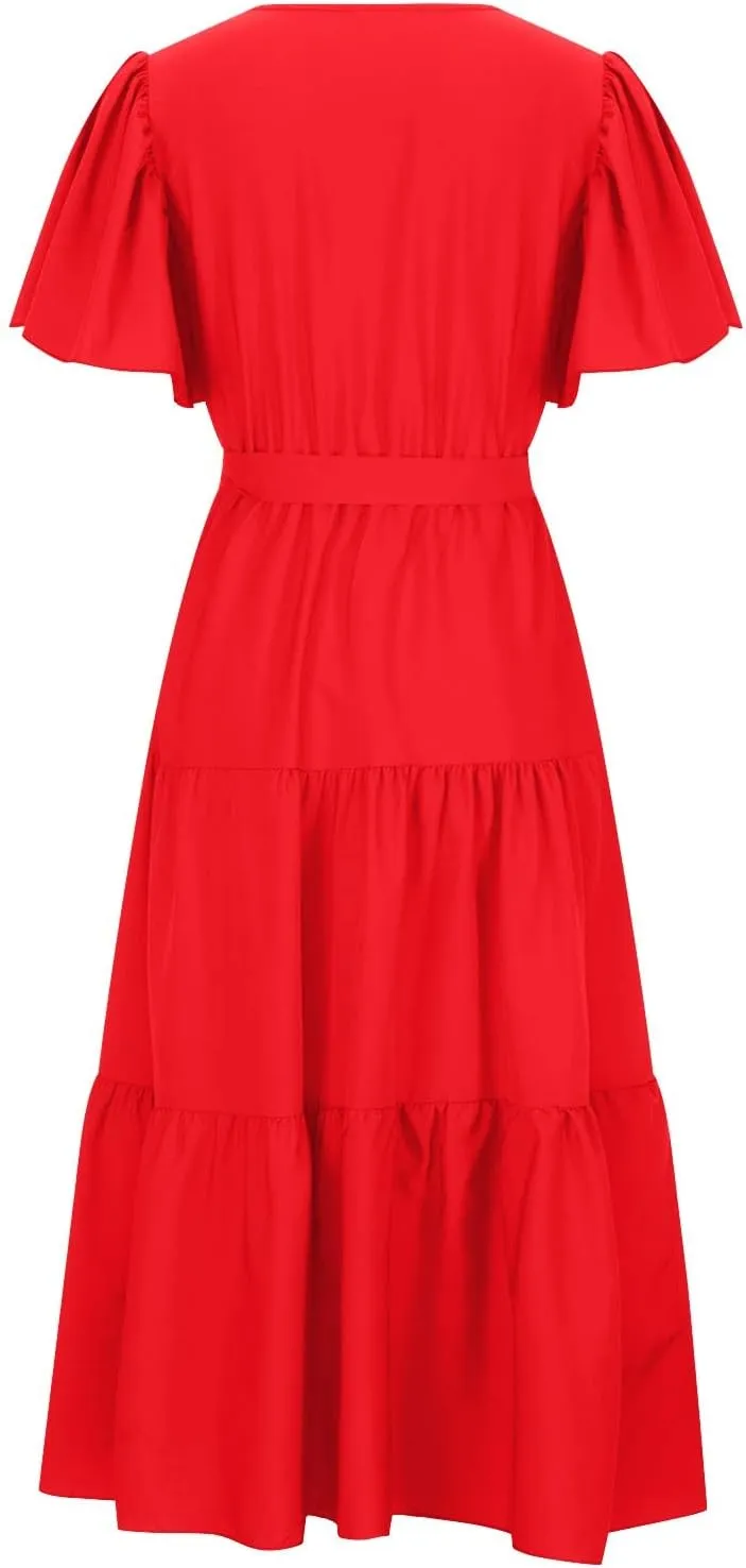 Women's Maxi Dress Summer Casual Loose Solid Color Dress 2024 Swing Waist V-Neck Short Sleeve Maxi Dresses, S-2XL