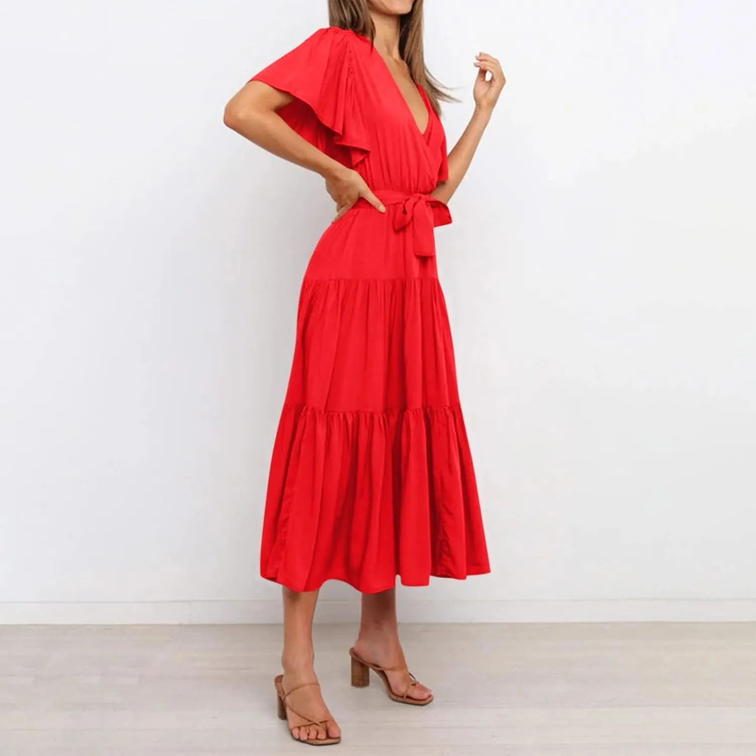 Women's Maxi Dress Summer Casual Loose Solid Color Dress 2024 Swing Waist V-Neck Short Sleeve Maxi Dresses, S-2XL