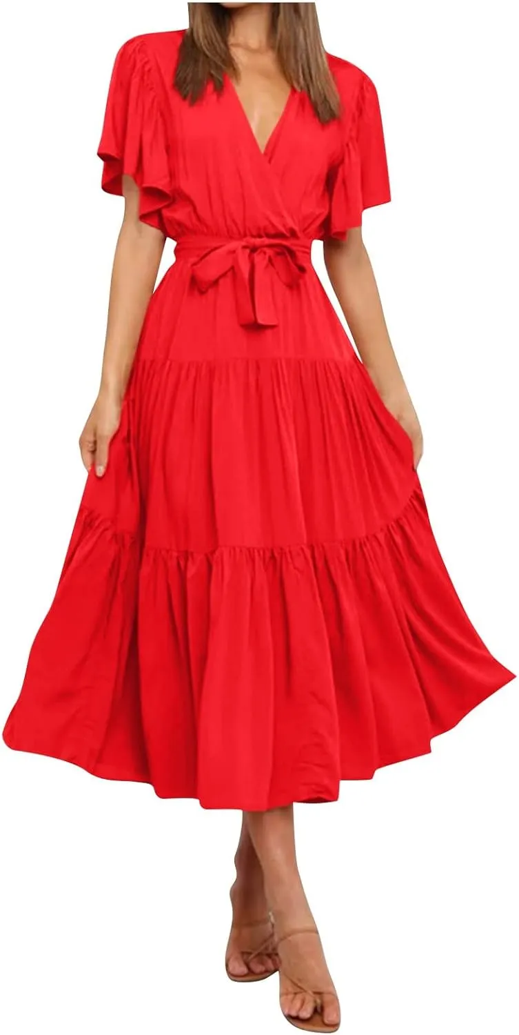 Women's Maxi Dress Summer Casual Loose Solid Color Dress 2024 Swing Waist V-Neck Short Sleeve Maxi Dresses, S-2XL