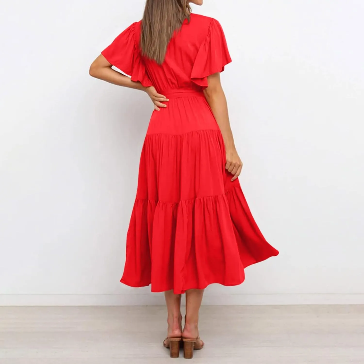 Women's Maxi Dress Summer Casual Loose Solid Color Dress 2024 Swing Waist V-Neck Short Sleeve Maxi Dresses, S-2XL