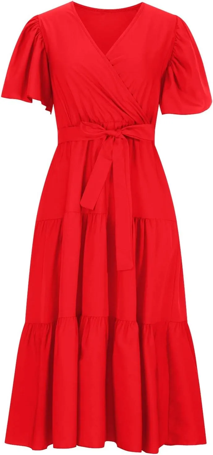 Women's Maxi Dress Summer Casual Loose Solid Color Dress 2024 Swing Waist V-Neck Short Sleeve Maxi Dresses, S-2XL