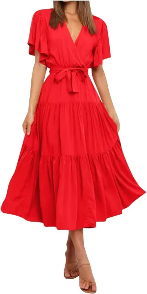 Women's Maxi Dress Summer Casual Loose Solid Color Dress 2024 Swing Waist V-Neck Short Sleeve Maxi Dresses, S-2XL