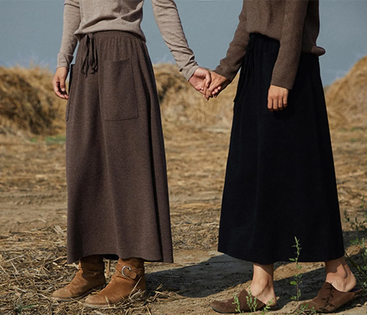 Women's Maxi Wool Skirt with Pockets Elastic High Waist Drawstrings Autumn Winter Pleated Midi Skirt