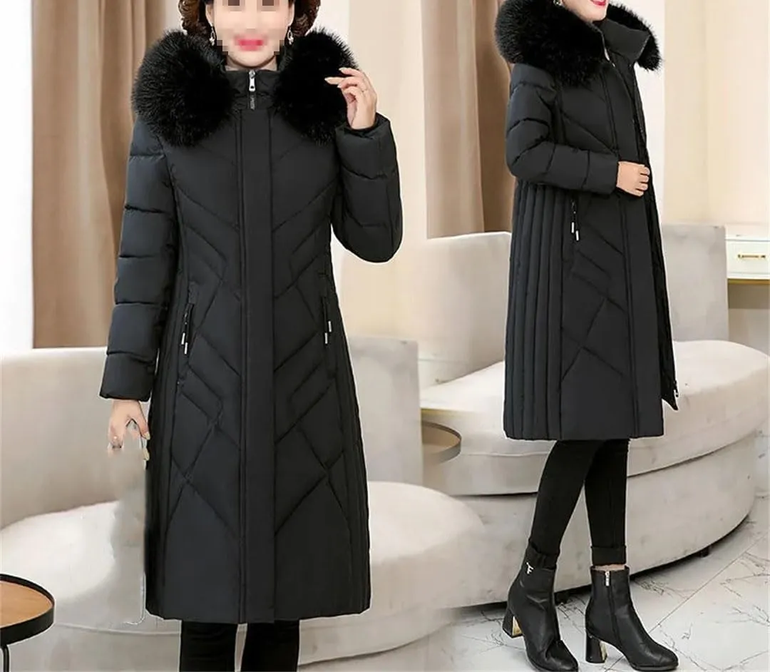 Women's Mid-Length Cotton-Padded Winter Coat with Hood and Pockets