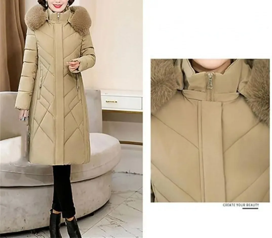 Women's Mid-Length Cotton-Padded Winter Coat with Hood and Pockets