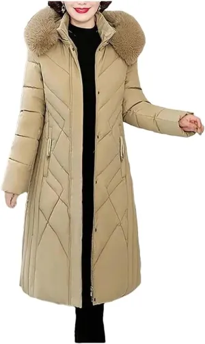 Women's Mid-Length Cotton-Padded Winter Coat with Hood and Pockets