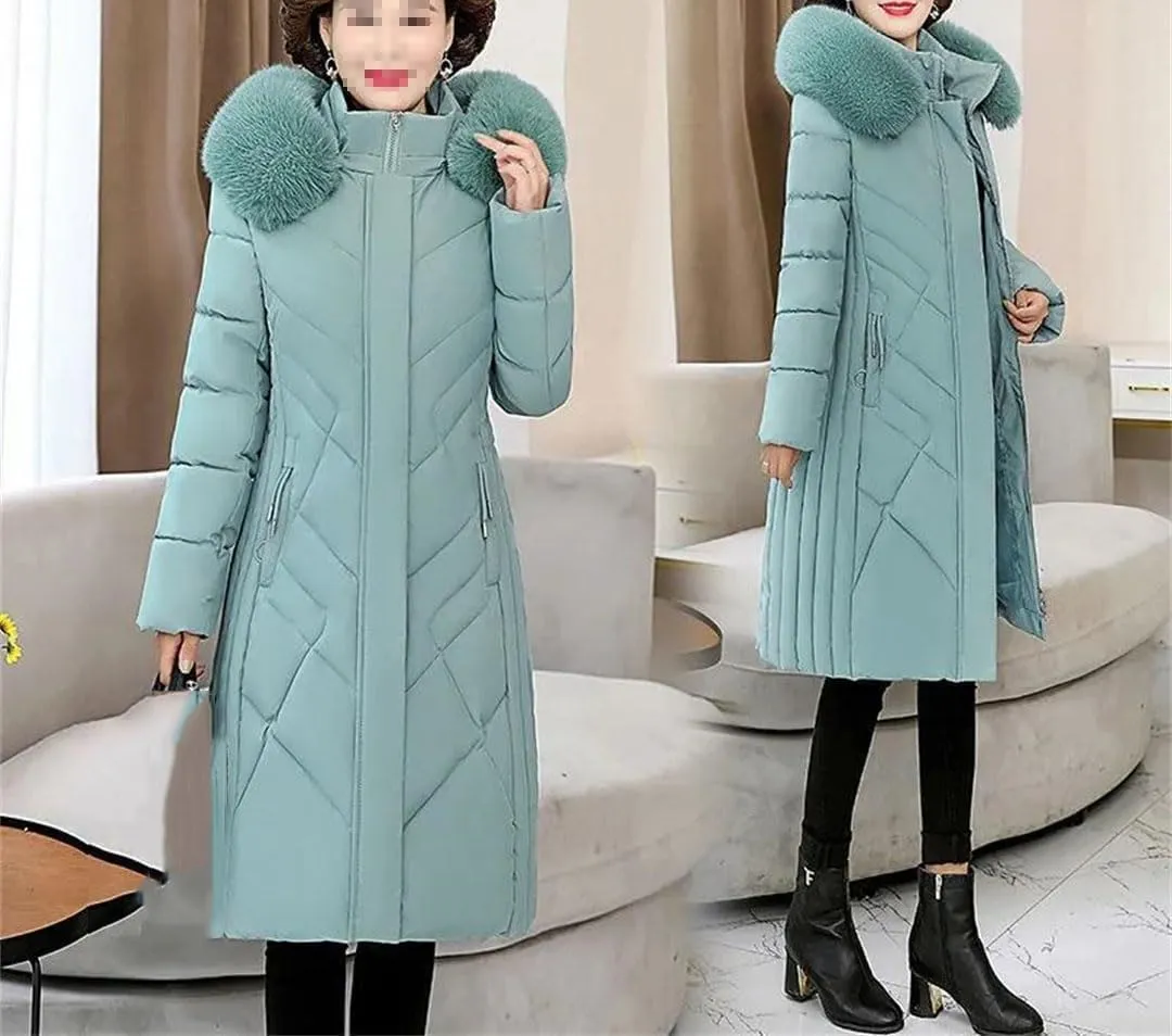 Women's Mid-Length Cotton-Padded Winter Coat with Hood and Pockets