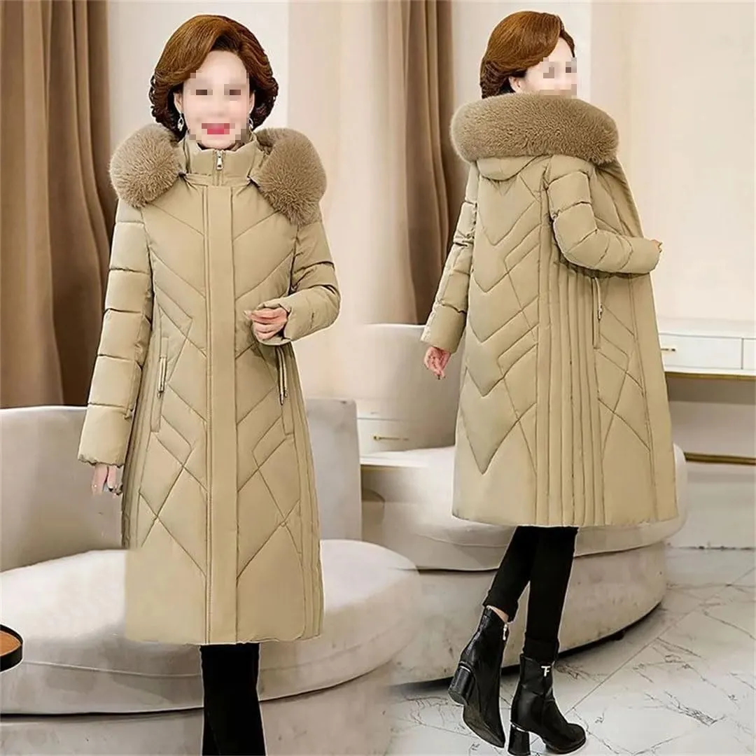 Women's Mid-Length Cotton-Padded Winter Coat with Hood and Pockets