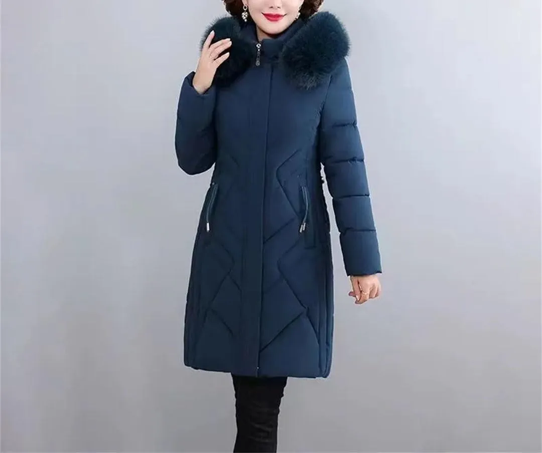 Women's Mid-Length Cotton-Padded Winter Coat with Hood and Pockets