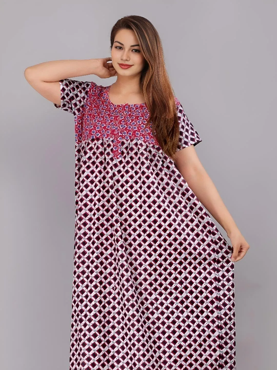 Womens Nightgown Cotton Sleepwear Nightshirt Short Sleeve Print Sleepshirt Sleepdress plus size Maxi Nighty Dress