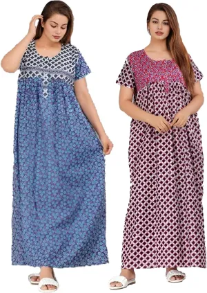 Womens Nightgown Cotton Sleepwear Nightshirt Short Sleeve Print Sleepshirt Sleepdress plus size Maxi Nighty Dress